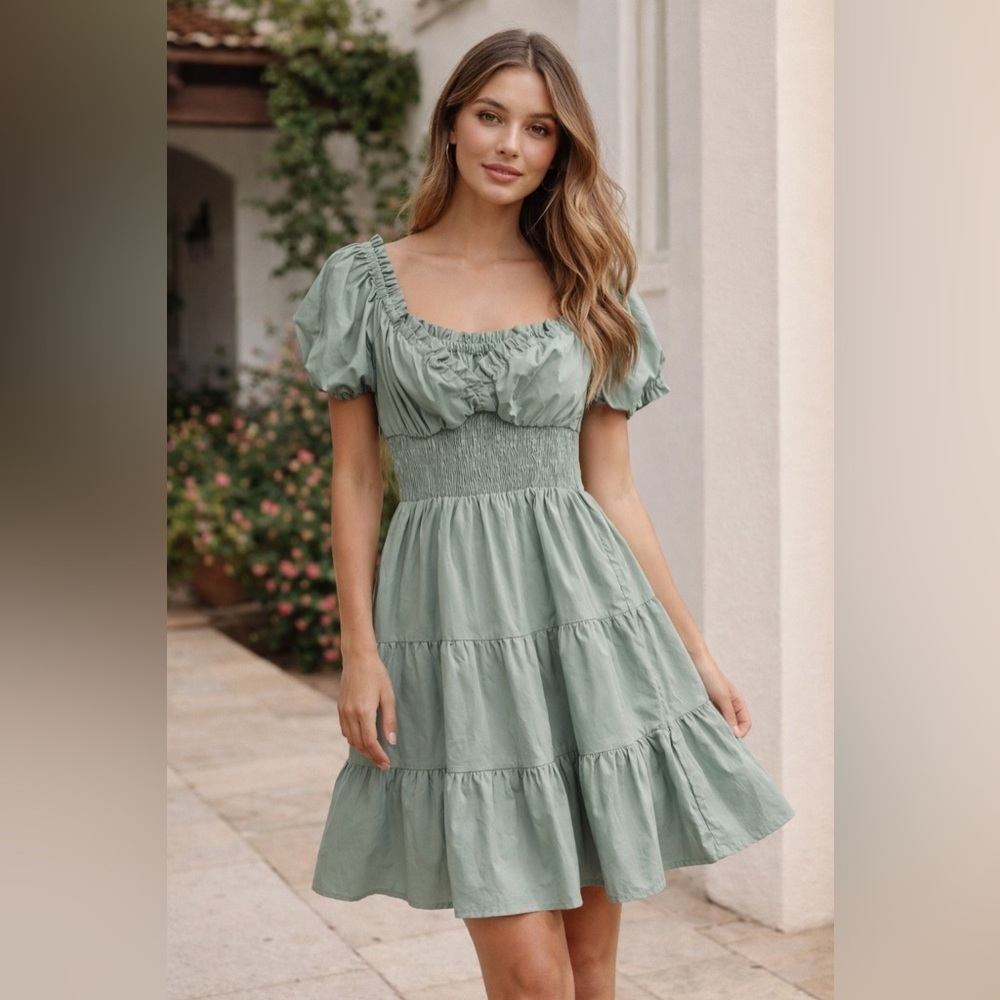 Streetwear Society Sage Green Smocked Tiered Mini Dress M Peasant Prairie Boho